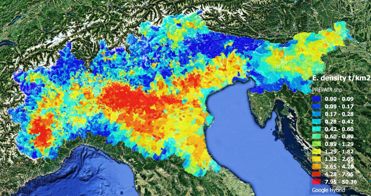 densità emissioni ammoniaca padania